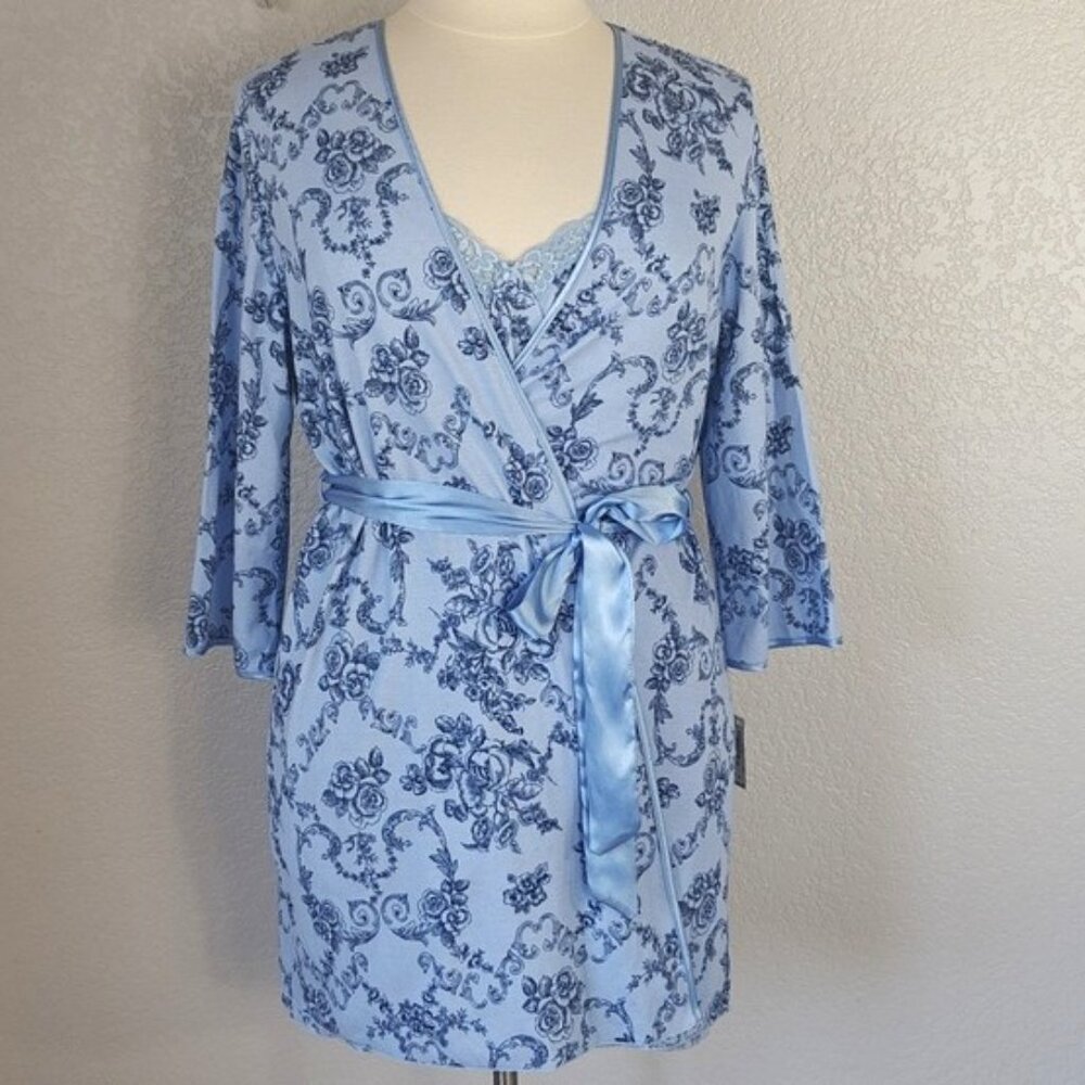 Adonna  XL Chemise & Robe Set Blue Floral Lace Trim Satin Belt